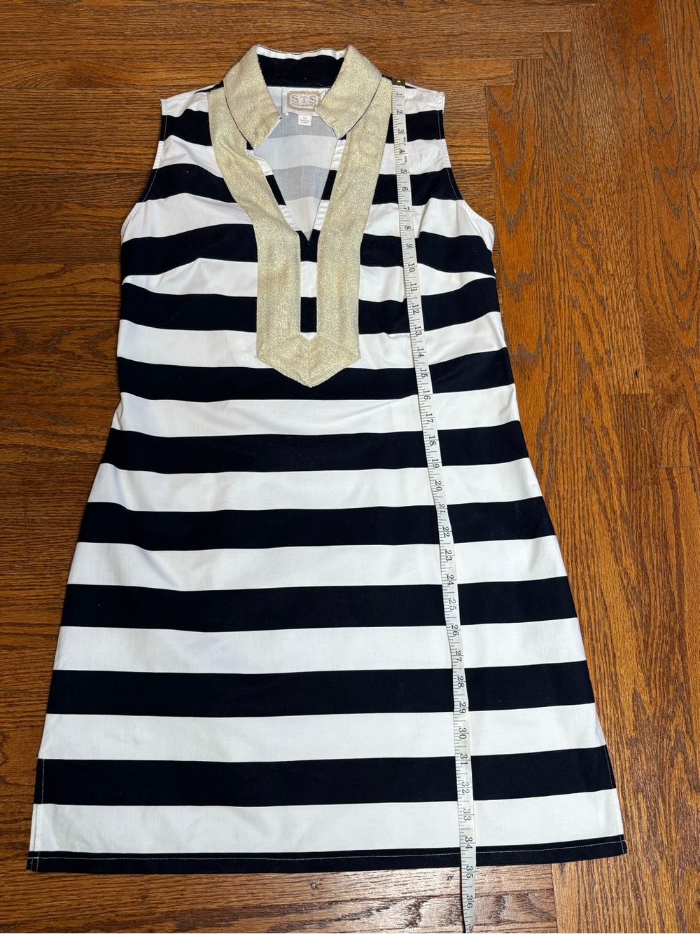 Sail to Sable Navy & White Striped Sleeveless Dress with Gold Trim